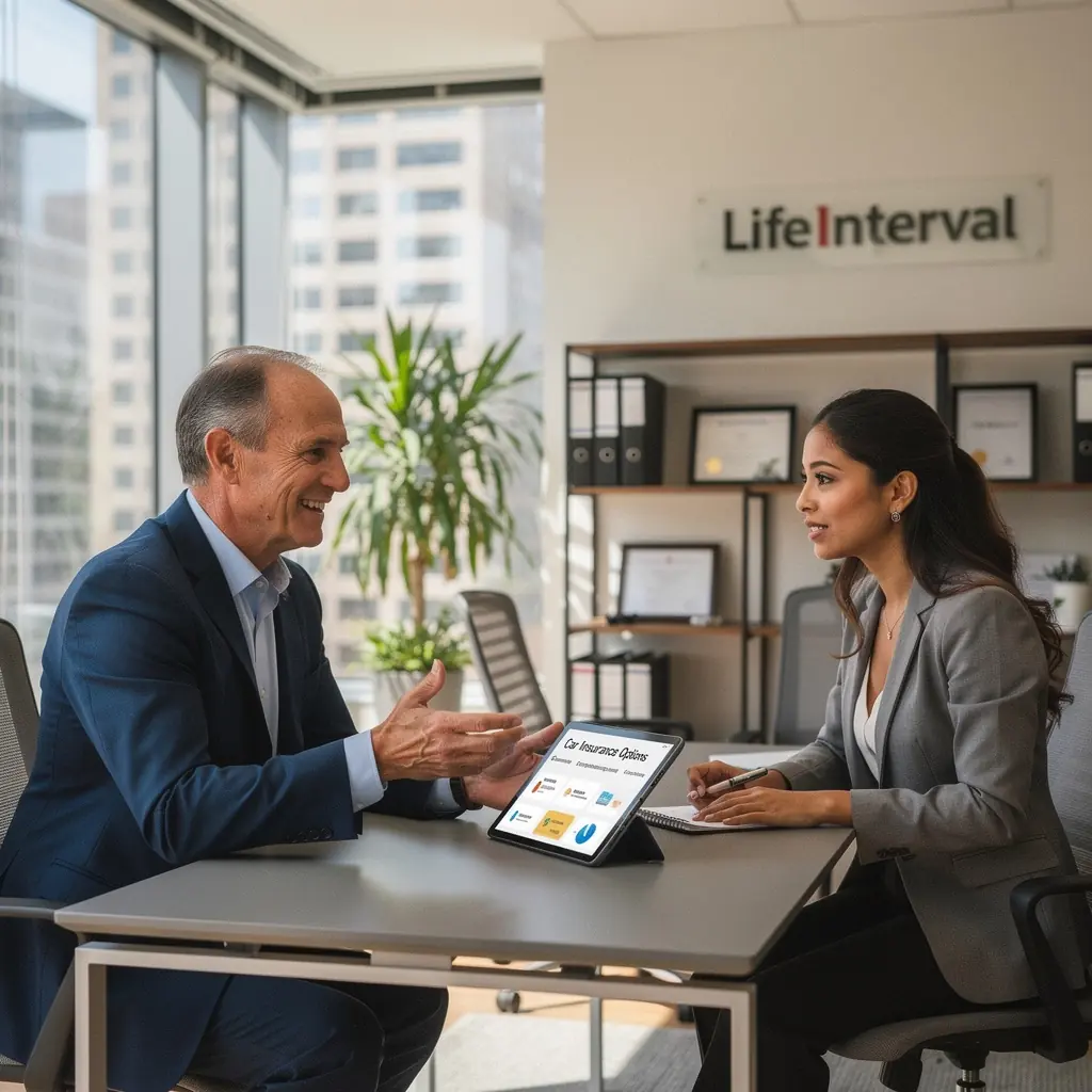 Samochód zaparkowany w garażu z widoczną polisą ubezpieczeniową.