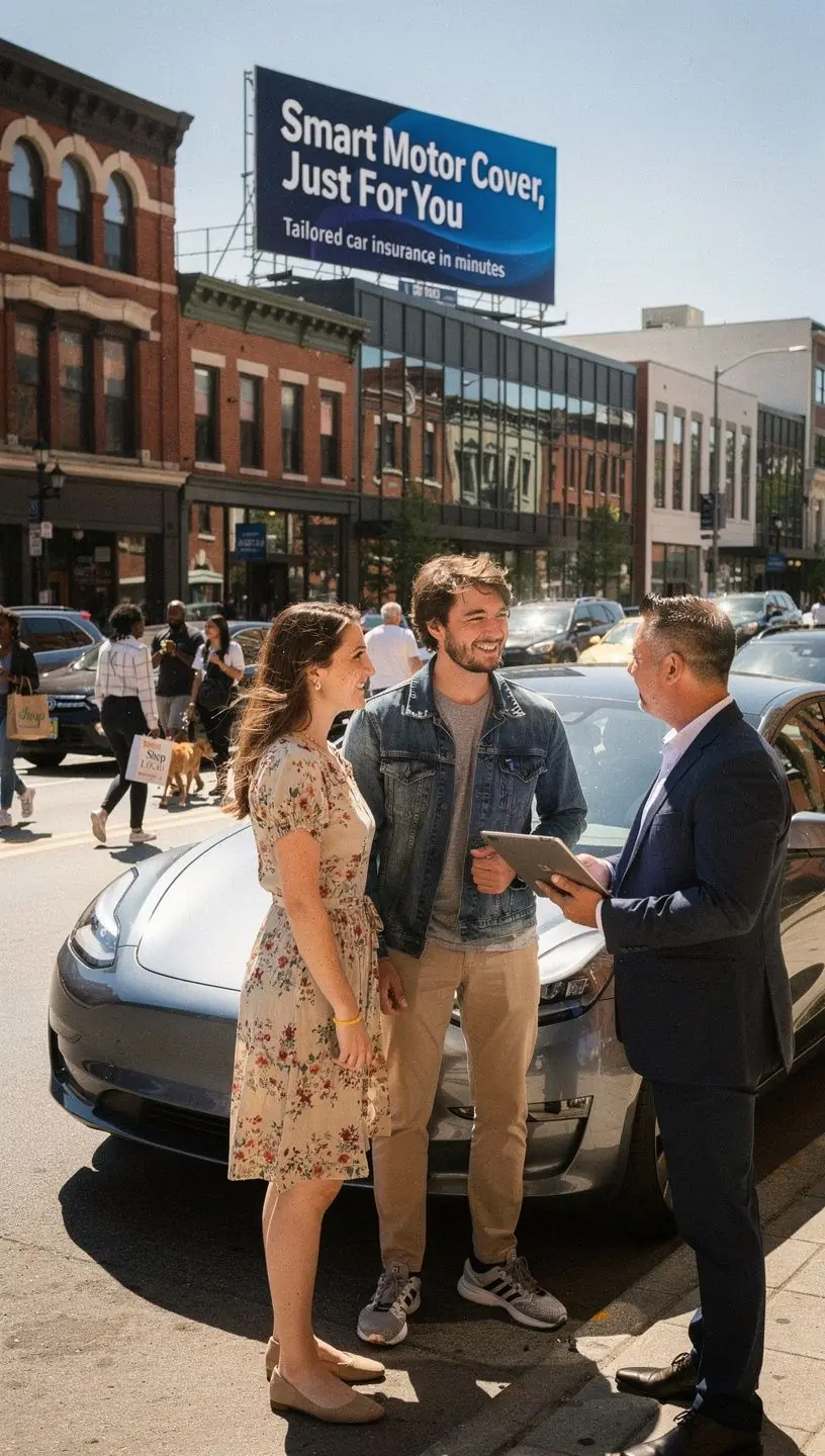 Kierowca zadowolony z nowej polisy ubezpieczeniowej stojący obok swojego auta.